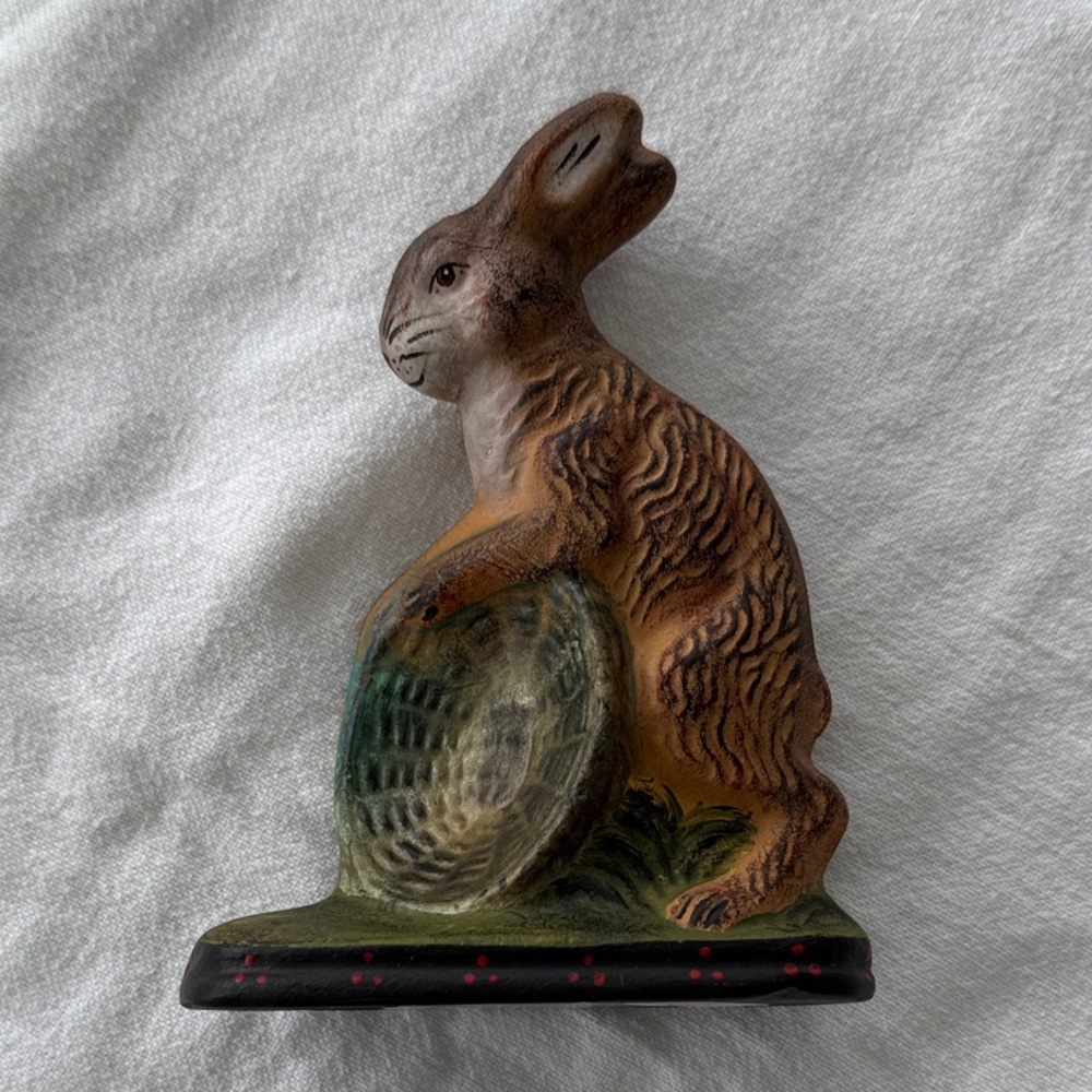 Brown Rabbit Chalkware Figurine with Basket - Home Accent